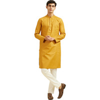 Diwas By Manyavar Men's Cotton Self Design Kurta Set (Mustard,Xl)