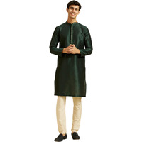 Diwas By Manyavar Men's Art Silk Embroidered Solid Kurta Set (Dark Green,L)
