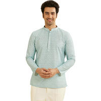 Manyavar Blended Cotton Men's Digital Print Short Kurta (Green,L)