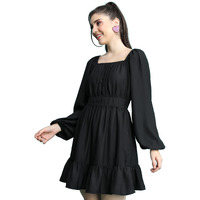 Ketch Women's Cotton Blend Square Neck Bishop Sleeve Croptop Above The Knee Dress (Khj6000588_Black