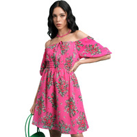 Ketch Women's Polyester Fit And Flare Mini Dress (Khj6000618_Pink/Green Multi