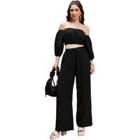 Ketch Women's Polyester Below The Knee Co-Ord Set (Khce000116_Black