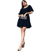 Style Quotient Women Solid Navy Velvet Smart Casual Mini Dress