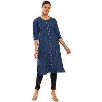 Soch Women Blue Cotton Blend Straight Kurta With Embroidered Motifs And Stripes