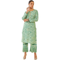 Soch Women Green Muslin Printed Straight Kurta Set With Hand Embroidery And Scallop Palazzo