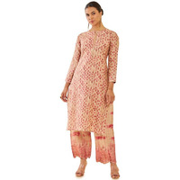 Soch Women Beige Muslin Printed Straight Kurta Set With Hand Embroidery And Scallop Palazzo