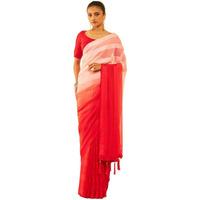 Soch Womens Red Chiffon Striped Saree With Tassels(8907175513422)