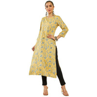 Soch Womens Yellow Rayon Botanical Print Straight Kurta With Pocket