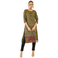 Soch Womens Olive Polyester All-Over Kalamkari Print Round-Neck Kurta With Tassels