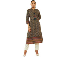 Soch Womens Earth Poly Cotton Kalamkari Print Straight Kurta With Tassels