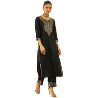 Soch Womens Black Rayon Floral And Paisley Embroidered Straight Kurta Sets