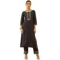 Soch Womens Charcoal Rayon Floral Embroidered Round-Neck Straight Kurta Sets