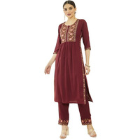 Soch Womens Maroon Rayon Floral Embroidered Nyra Cut Kurta Sets