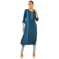 Soch Womens Blue Rayon Slub Kurta With Geometric Embroidery