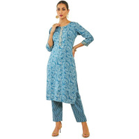 Soch Womens Blue Rayon Paisley Print Round-Neck Straight Kurta Set