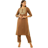Soch Womens Brown Rayon Embroidered Straight Kurta Set With Sequin Embellishments