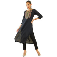 Soch Womens Black Rayon Slub Kurta With Ethnic Embroidery And Embellishments