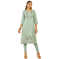 Soch Womens Sap Green Rayon Floral Foil Print Straight Kurta With Stonework