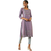 Soch Womens Purple Rayon Floral Foil Print Straight Kurta With Stonework