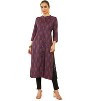 Soch Womens Wine Rayon Botanical Print Straight Kurta With Pocket