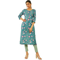 Soch Womens Teal Muslin Floral Print Round-Neck Straight Kurta