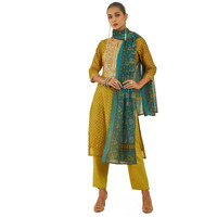 Soch Womens Mustard Chanderi Suit Set With Print And Embroidery