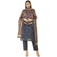 Soch Womens Grey Chanderi Floral Print And Zari Embroidered Suit Set With Dupatta