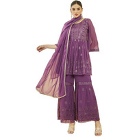 Soch Womens Onion Pink Georgette Embroidered Sharara Suit Set With Faux Mirror Work
