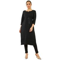 Soch Womens Black Rayon Sequin Embroidered Boat-Neck Straight Kurta