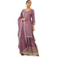 Soch Womens Onion Pink Chinon Zari And Sequin Embroidered Suit Set