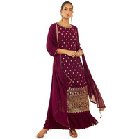 Soch Womens Maroon Georgette Suit Set With Ethnic Embroidery And Sequins