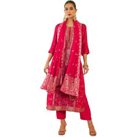 Soch Womens Fuchsia Brocade Suit Set With Floral Print And Hand Embroidery