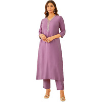 Soch Womens Purple Silk Blend Zari Embroidered V-Neck Kurta Sets With Pocket