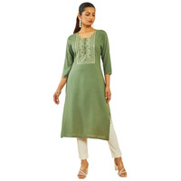 Soch Womens Olive Rayon Zari Embroidered Round-Neck Straight Kurta