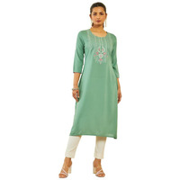 Soch Womens Green Rayon Floral Embroidered Round-Neck Straight Kurta