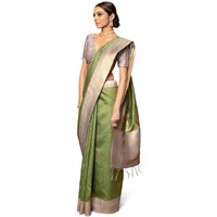 Soch Womens Light Green Tussar Leaf Pattern Zari Woven Saree