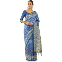 Soch Womens Indigo Tussar Silk Saree With Tribal Print And Zari Woven Saree