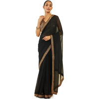 Soch Womens Black Georgette Saree With Stones And Embroidery