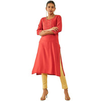 Soch Womens Rust Rayon Floral Embroidered Round-Neck Straight Kurta