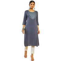 Soch Womens Dark Grey Rayon Floral Embroidered Round-Neck Straight Kurta