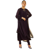 Soch Womens Wine Georgette Beadwork Embellished A-Line Chudidar Suit Set With Shrug