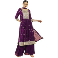 Soch Womens Wine Georgette Floral Embroidered Suit Set With Dupatta