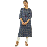 Soch Womens Navy Blue Rayon Geometric Print Kurta With Tasselled Neck Tie-Up