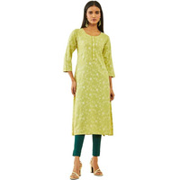 Soch Womens Green Rayon Floral And Foliage Print Round-Neck Straight Kurta