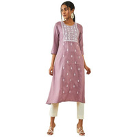 Soch Womens Purple Rayon Panelled A-Line Kurta With Floral Embroidery