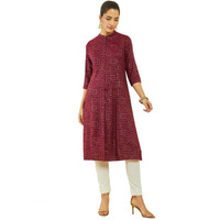 Soch Womens Wine Rayon Geometric Foil Print Straight Kurta With Pocket