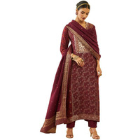 Soch Womens Wine Brocade Ikat Print And Floral Woven Suit Set With Dupatta