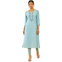 Soch Womens Powder Blue Viscose Blend Floral Cutdana Work Straight Kurta