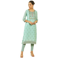 Soch Womens Green Chanderi Embroidered Scoop-Neck Straight Kurta With Pocket