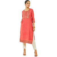 Soch Womens Pink Chanderi Embroidered Scoop-Neck Straight Kurta With Pocket